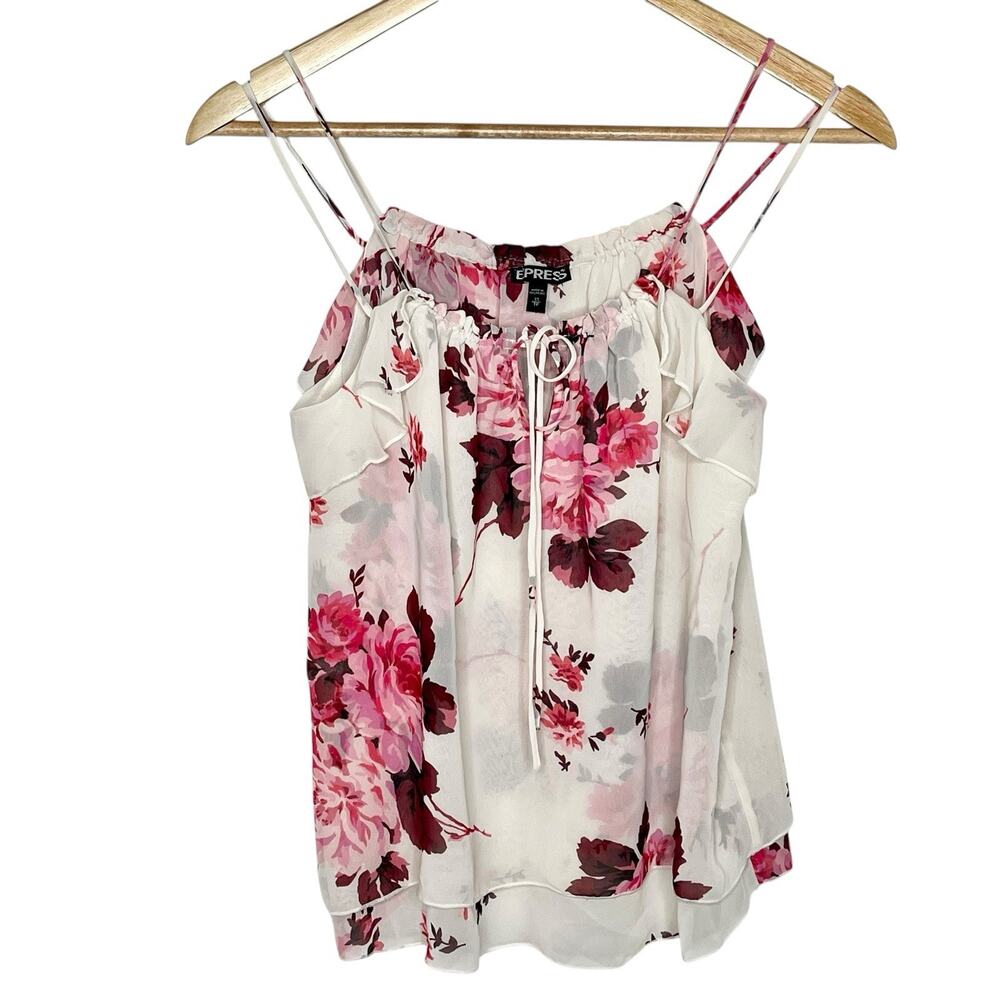 Express Floral Ruffled Chiffon Cami Tank Top Womens XS Coquette Y2K Romantic